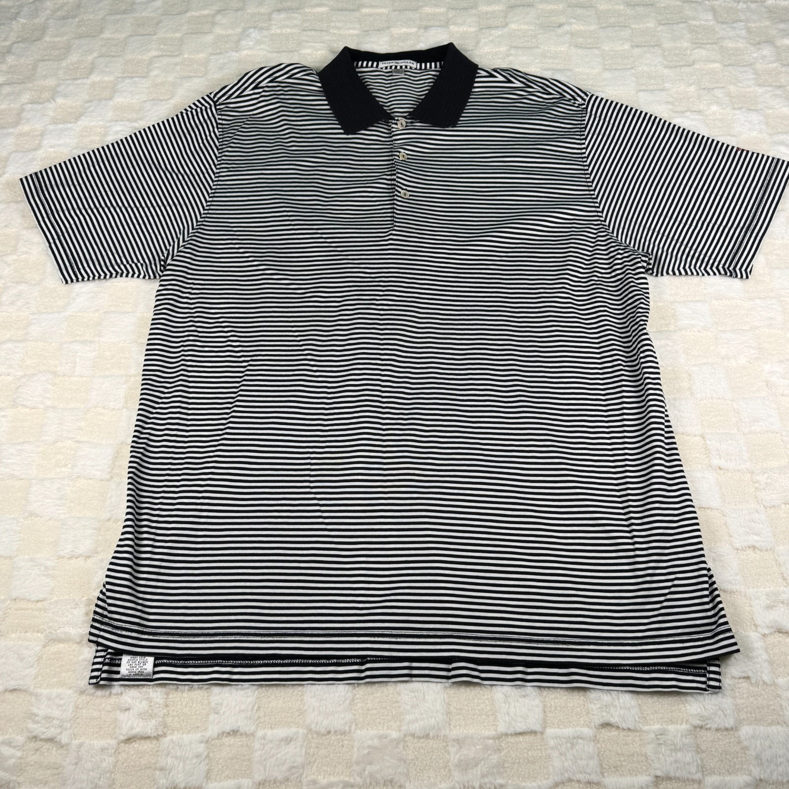 Peter Millar Men's Black And White Striped Polo With Red Golf Embroidery Xl